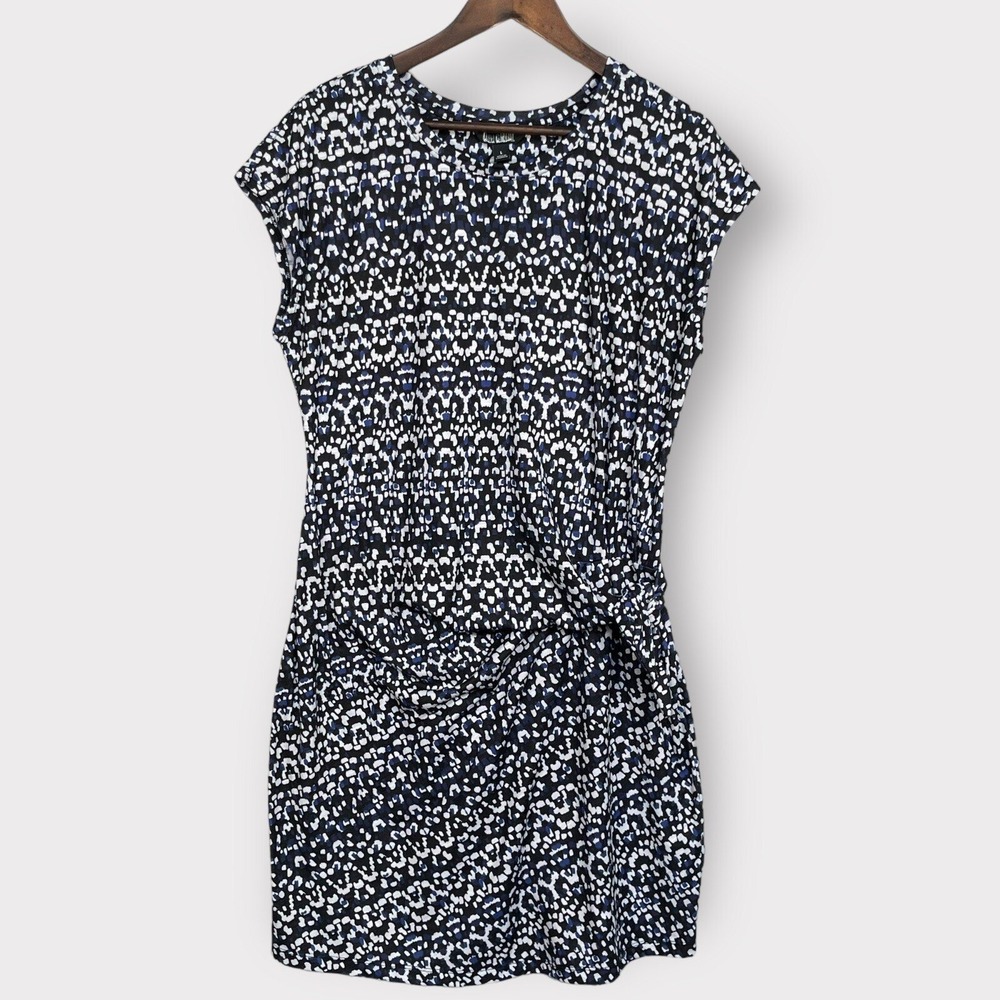 Nicole Miller Original Navy Black White Abstract Print Side Tie Sheath Dress L